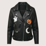 Halloween Patches Black Leather Biker Jacket