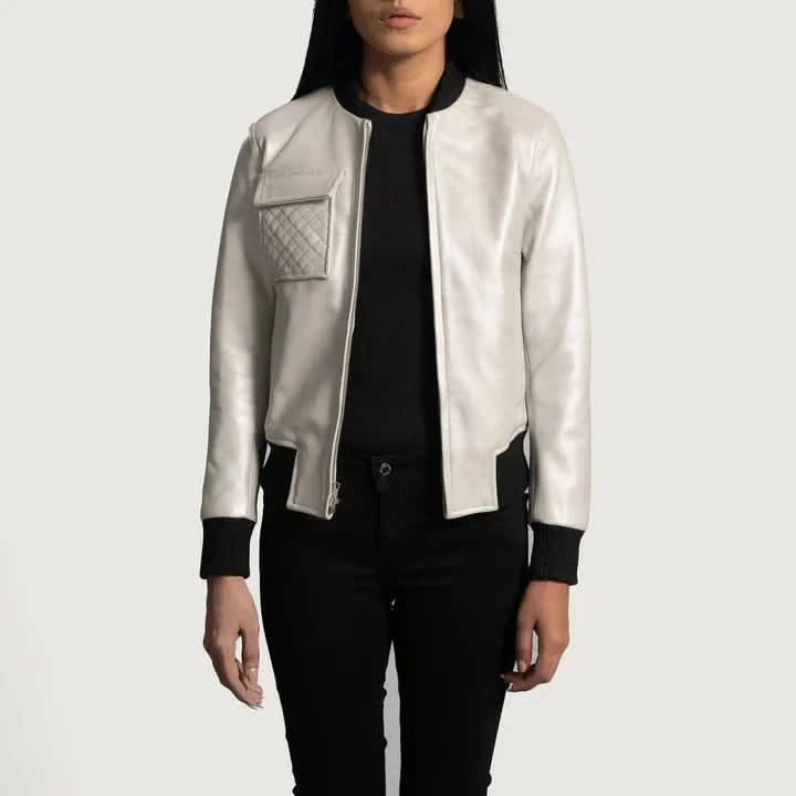 Lana Silver Leather Bomber Jacket - Leather Clan