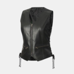 Womens Motorcycle Black Leather Zipper Vest