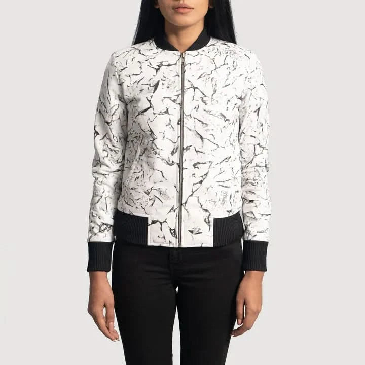 Donna Blake White Leather Bomber Jacket - Leather Clan