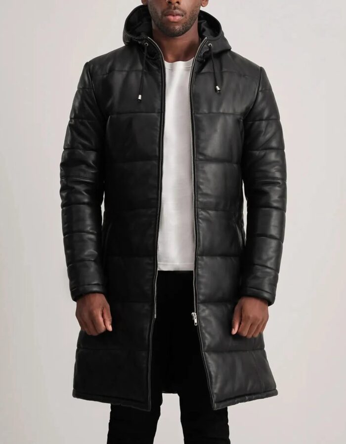 Floyd Black Hooded Leather Puffer Coat - Leather Clan