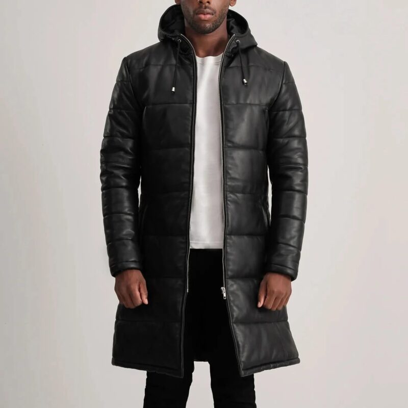 Floyd Black Hooded Leather Puffer Coat - Leather Clan