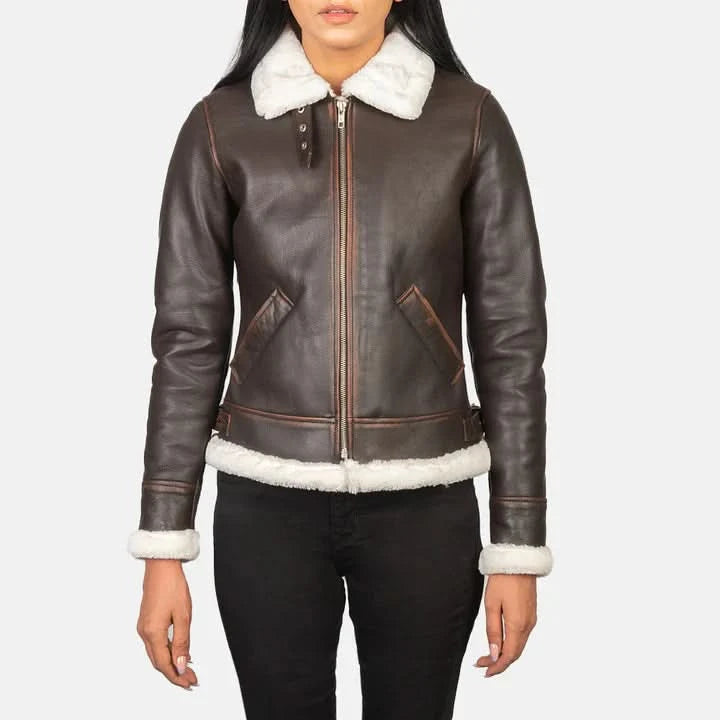 Sherilyn B-3 Brown Leather Bomber Jacket - Leather Clan