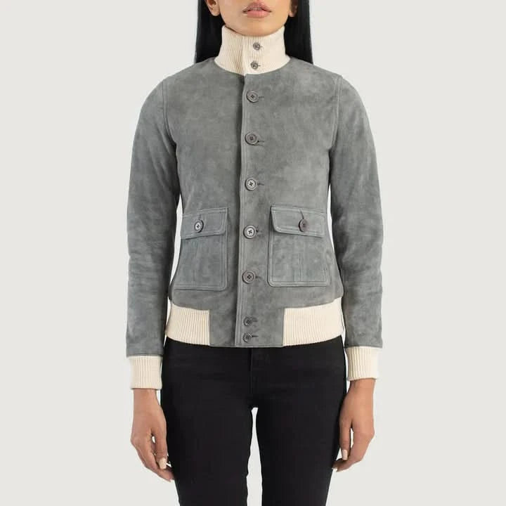 Sasha A1 Grey Suede Bomber Jacket - Leather Clan