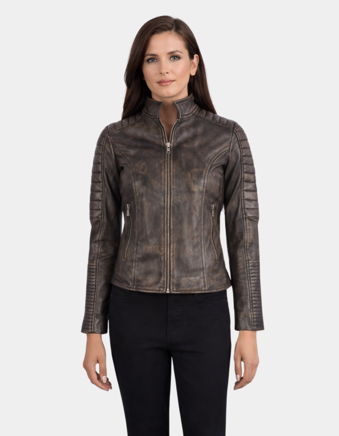 Adalyn Quilted Distressed Brown Leather Biker Jacket - Leather Clan