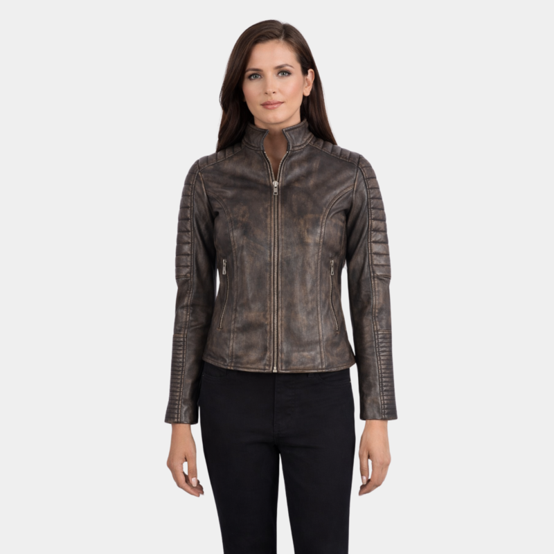 Adalyn Quilted Distressed Brown Leather Biker Jacket - Leather Clan
