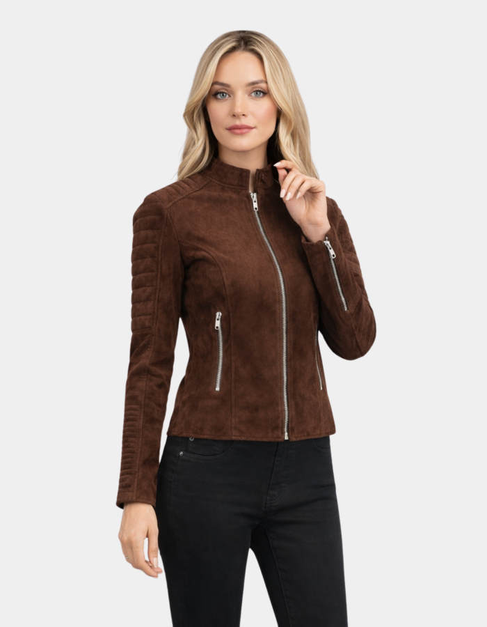 Adalyn Quilted Mocha Suede Biker Jacket - Leather Clan