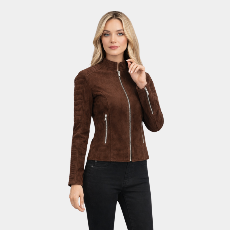 Adalyn Quilted Mocha Suede Biker Jacket - Leather Clan