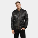 Agent Shadow Black Leather Bomber Jacket