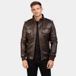 Agent Shadow Brown Leather Bomber Jacket