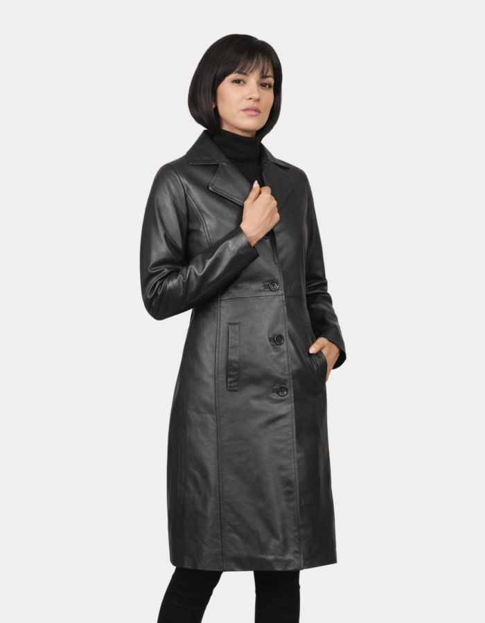 Alexis Black Single Breasted Leather Coat - Leather Clan