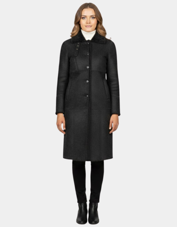 Alina Shearling Black Leather Coat - Leather Clan