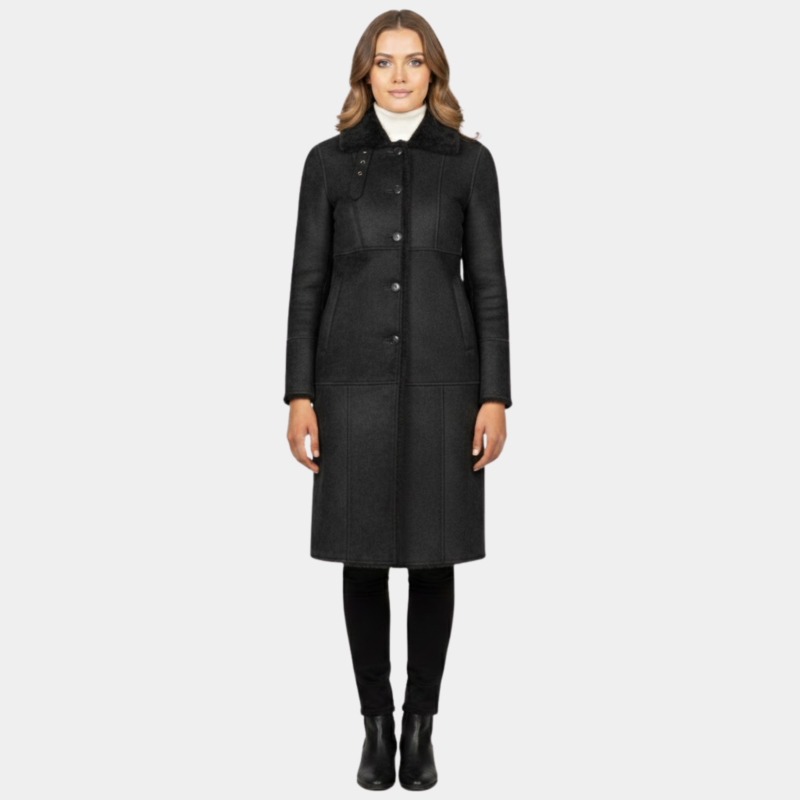 Alina Shearling Black Leather Coat - Leather Clan