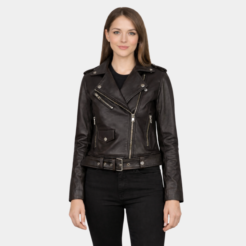 Alison Brown Leather Biker Jacket - Leather Clan