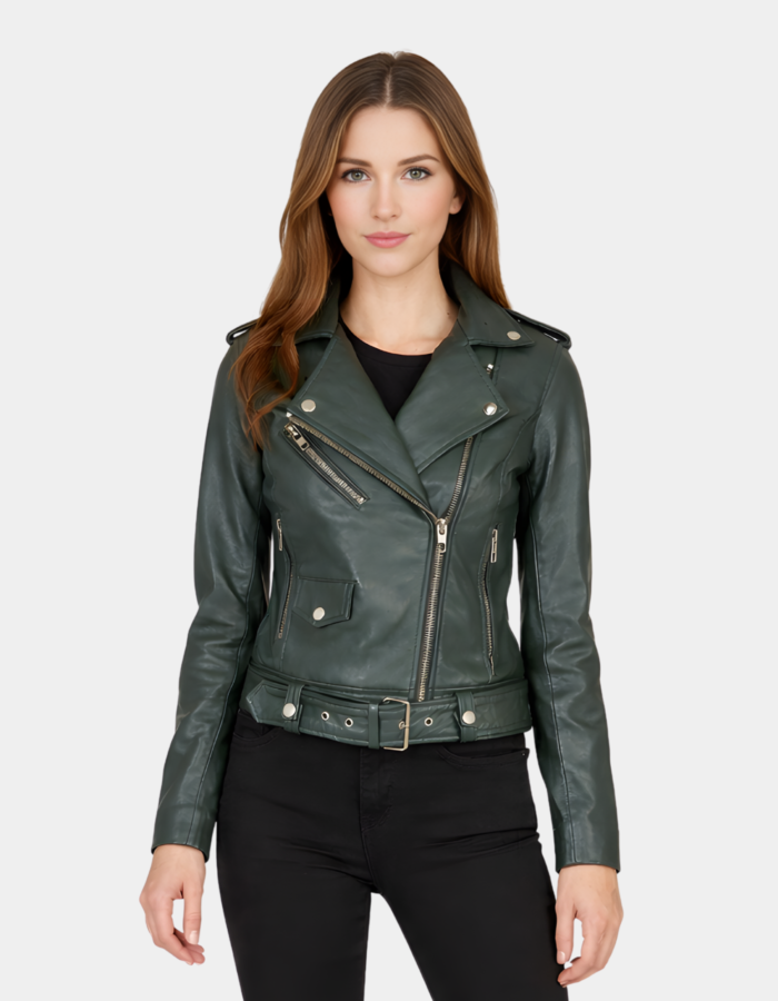 Alison Green Leather Biker Jacket - Leather Clan
