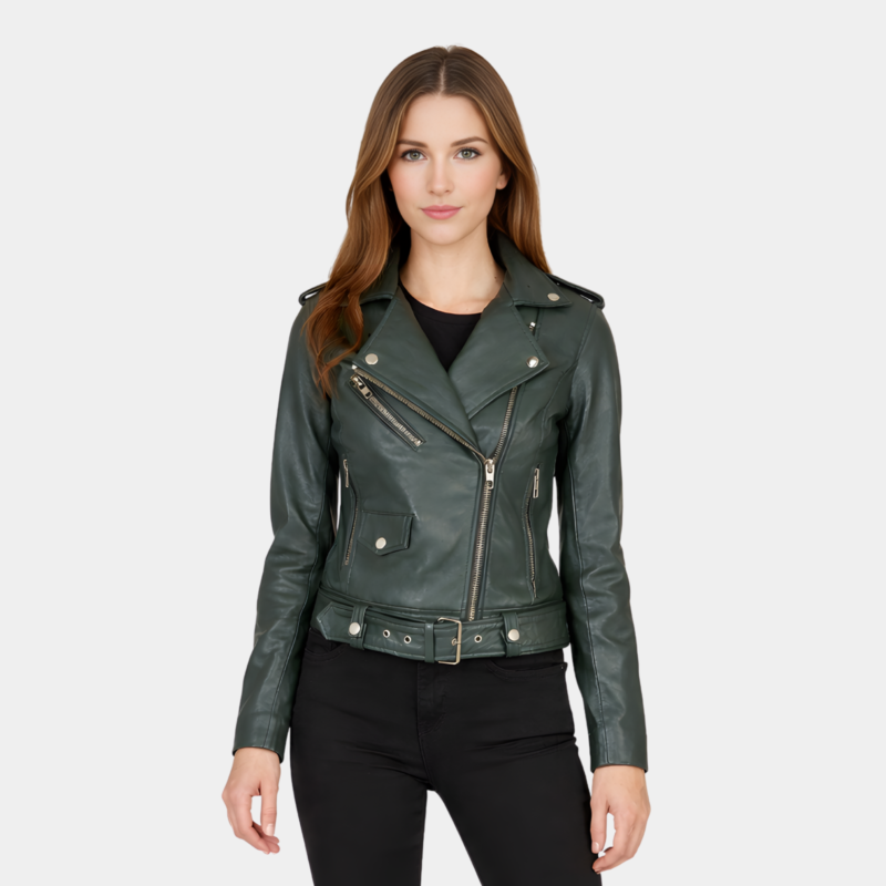 Alison Green Leather Biker Jacket - Leather Clan