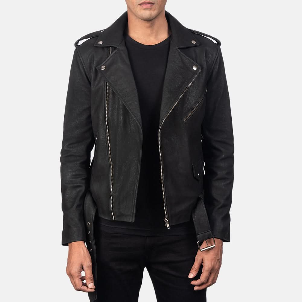 Allaric Alley Distressed Black Leather Biker Jacket - Image 3