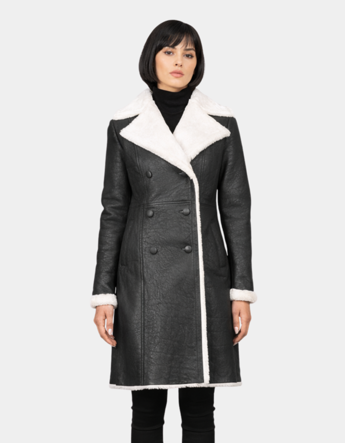 Amie Black Double Breasted Shearling Coat - Leather Clan