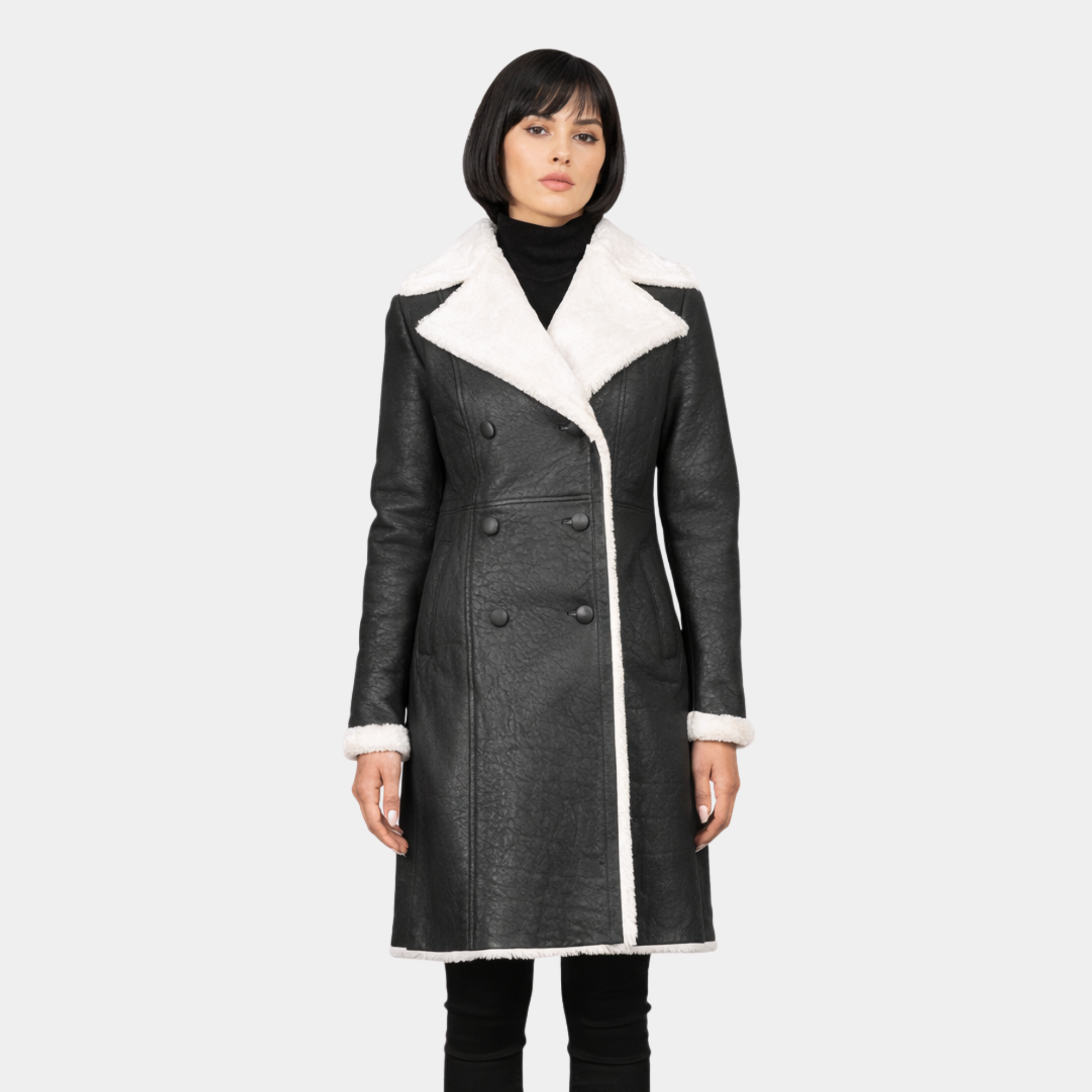 Amie Black Double Breasted Shearling Coat - Leather Clan