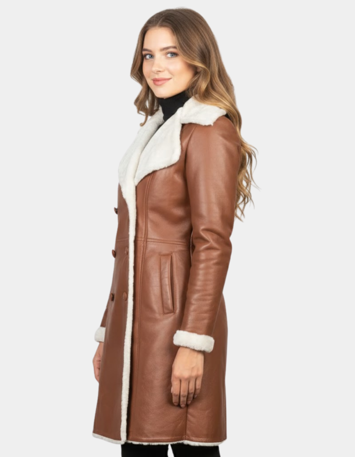 Amie Brown Double Breasted Shearling Coat - Leather Clan
