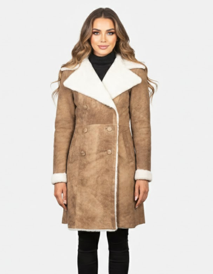 Amie Distressed Brown Double Breasted Shearling Coat - Leather Clan