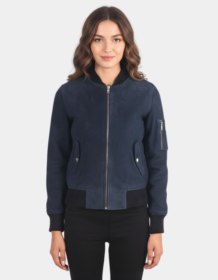 Ava Ma-1 Blue Suede Bomber Jacket - Leather Clan