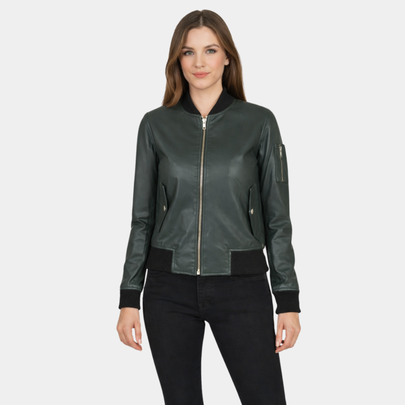 Ava Ma-1 Green Leather Bomber Jacket - Leather Clan