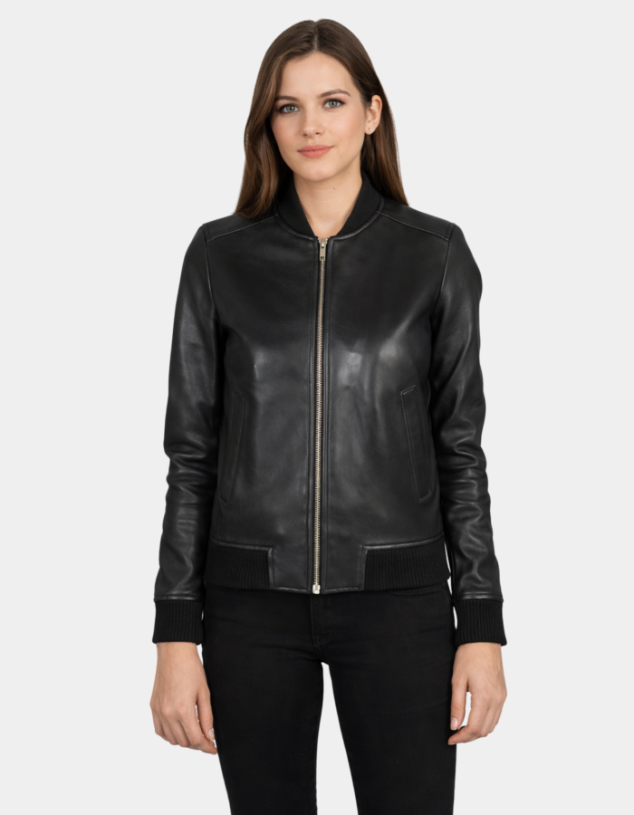 Bliss Black Leather Bomber Jacket - Leather Clan