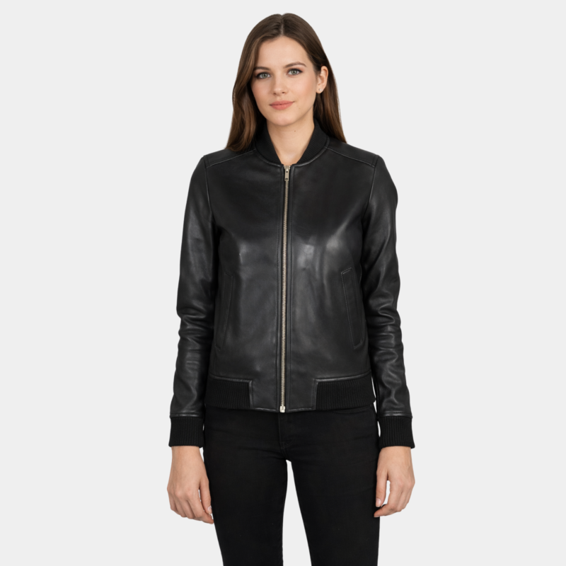 Bliss Black Leather Bomber Jacket - Leather Clan
