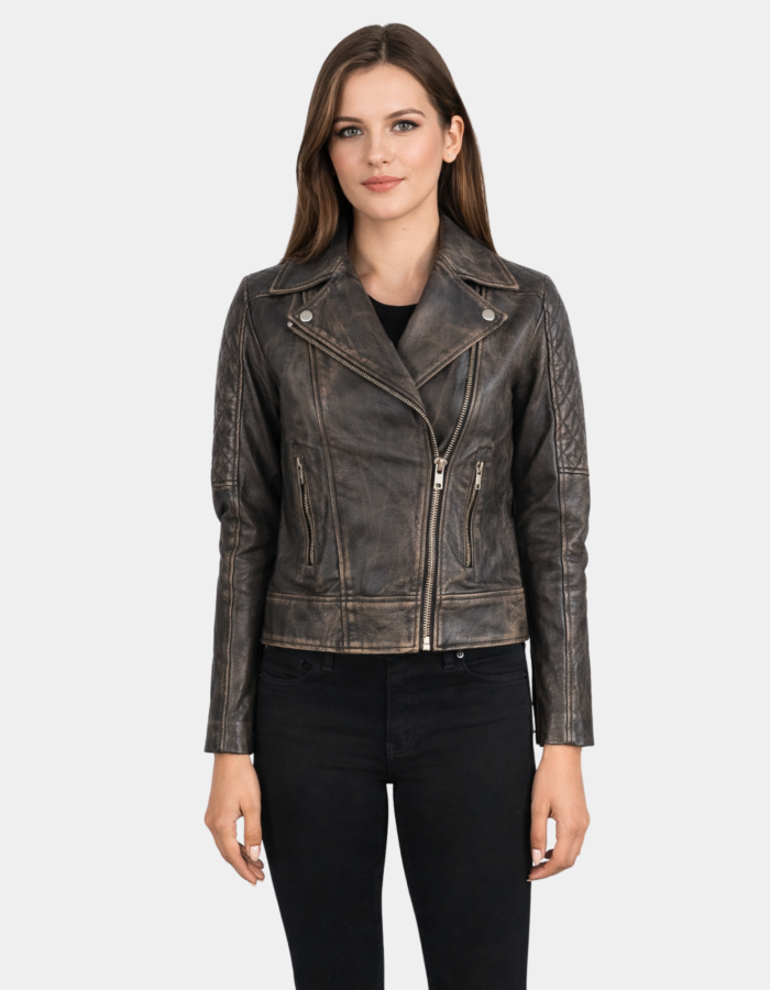 Carolyn Quilted Distressed Brown Biker Jacket - Leather Clan