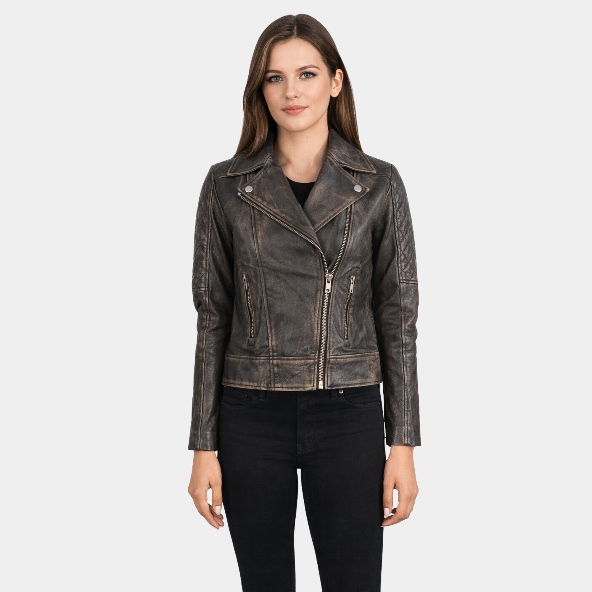 Carolyn Quilted Distressed Brown Biker Jacket - Leather Clan