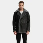 Charles Distressed Black Leather Shearling Double-Breasted Coat