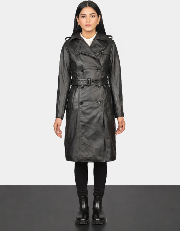 Alice Black Double Breasted Leather Coat - Leather Clan