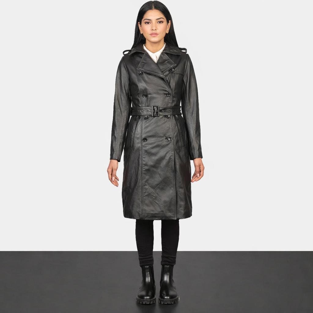 Alice Black Double Breasted Leather Coat - Leather Clan