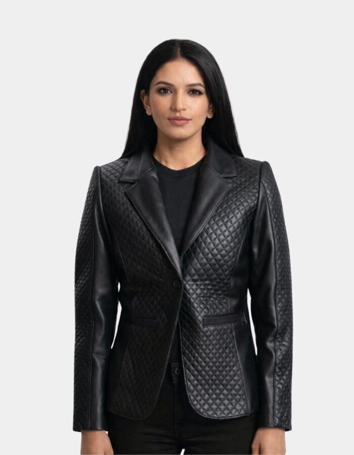 Cora Quilted Black Leather Blazer - Leather Clan