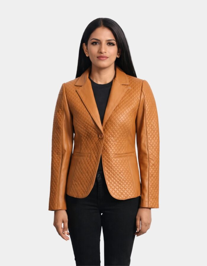 Cora Quilted Brown Leather Blazer - Leather Clan