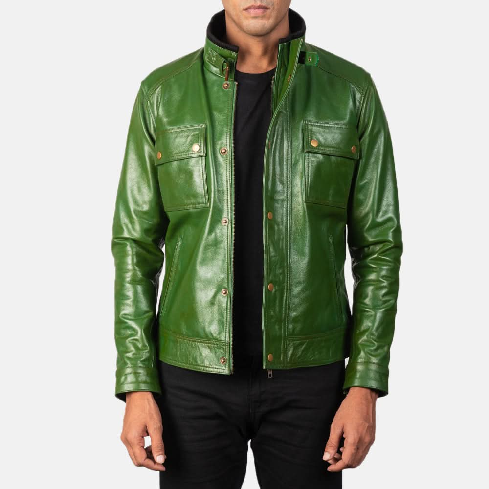 Blaine Distressed Green Leather Biker Jacket - Image 3