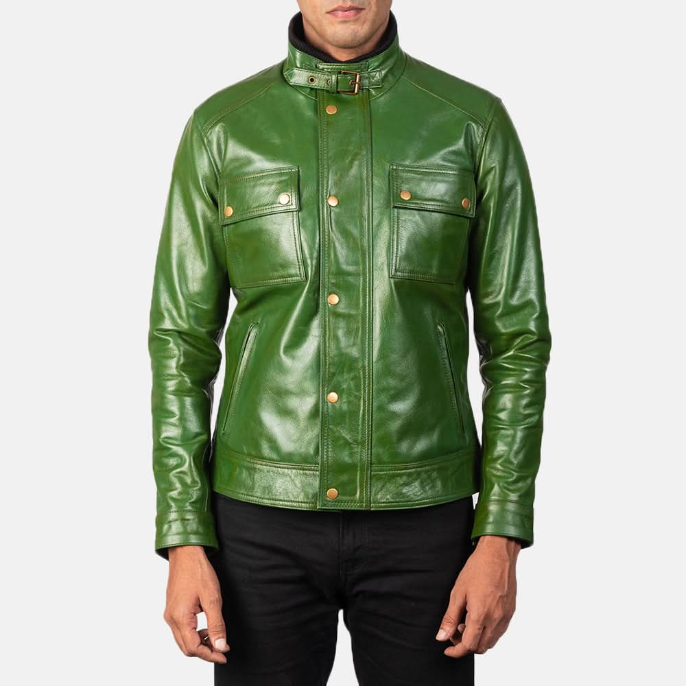Blaine Distressed Green Leather Biker Jacket - Image 4