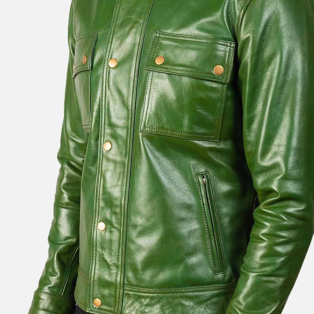 Blaine Distressed Green Leather Biker Jacket - Image 6