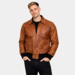 Distressed Bomber Brown Leather Jacket