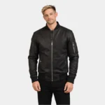 Distressed Black Leather Bomber Jacket