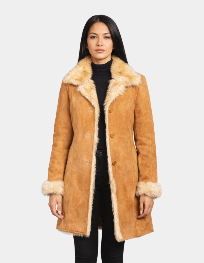 Erica Shearling Beige Leather Coat - Leather Clan