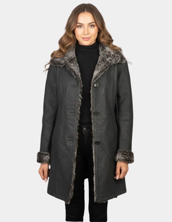 Erica Shearling Black Leather Coat - Leather Clan