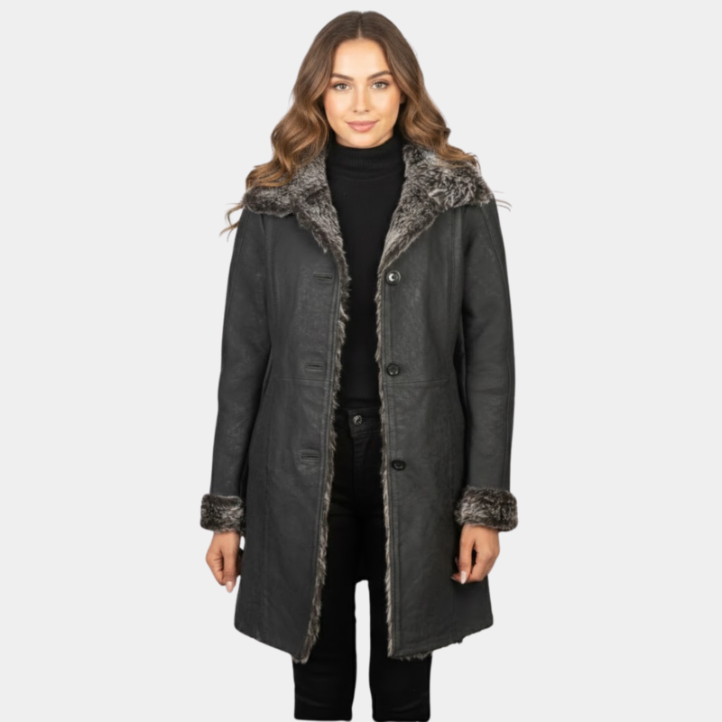 Erica Shearling Black Leather Coat - Leather Clan