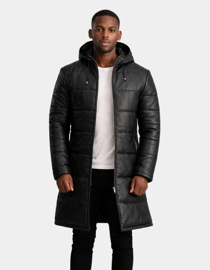 Floyd Black Hooded Leather Puffer Coat - Leather Clan