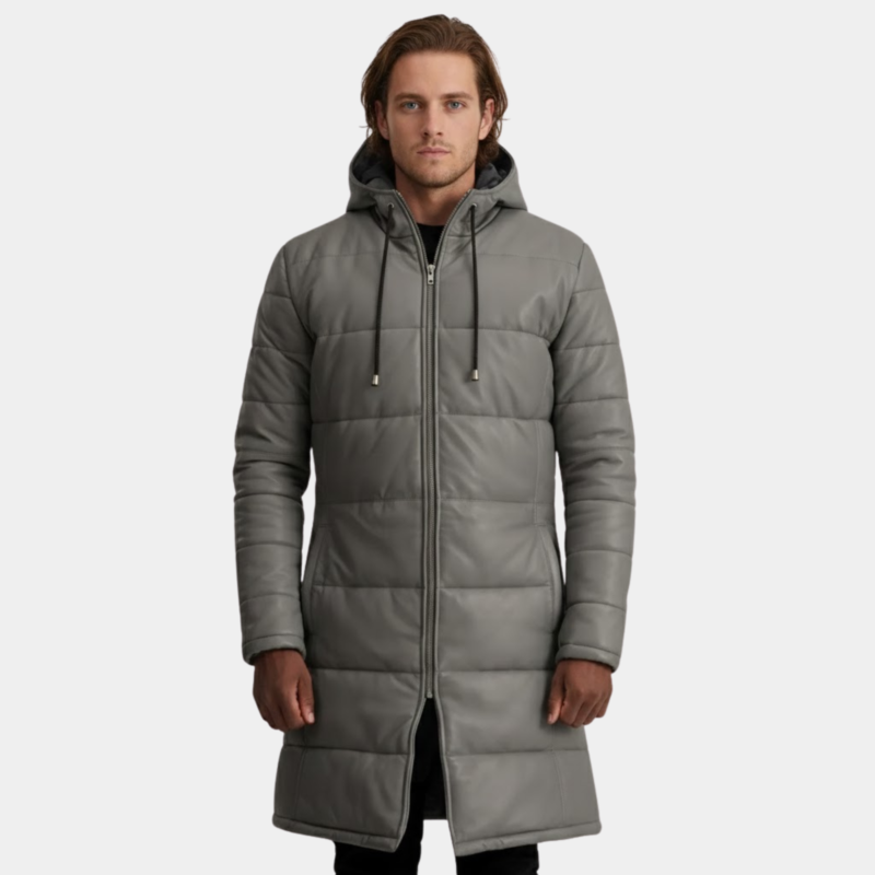 Floyd Grey Hooded Leather Puffer Coat - Leather Clan
