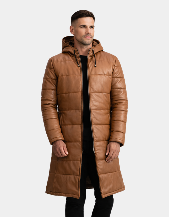 Floyd Tan Hooded Leather Puffer Coat - Leather Clan