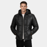 Gordon Black Hooded Leather Puffer Jacket