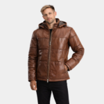 Gordon Waxed Brown Hooded Leather Puffer Jacket
