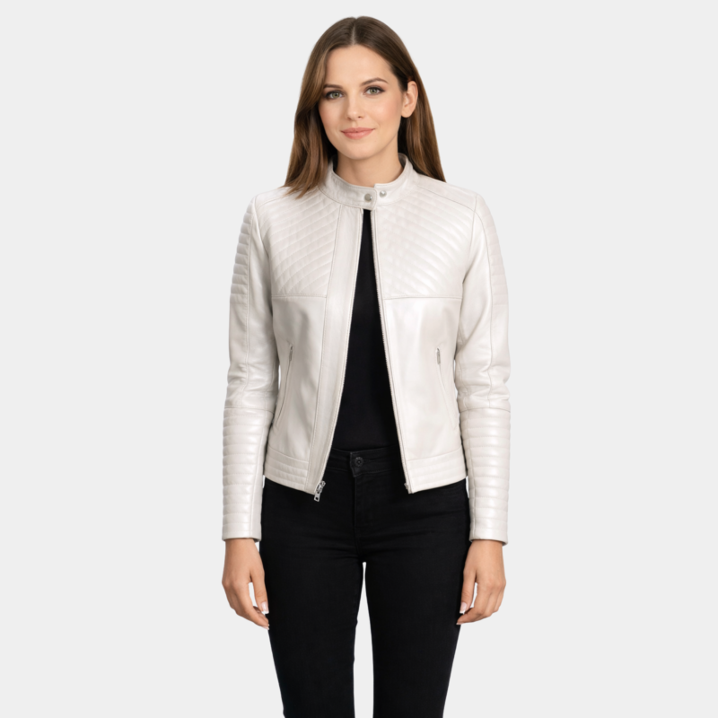 Ice Maiden Silver Quilted Leather Biker Jacket - Leather Clan